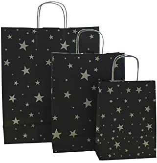 Papiertragetaschen Weihnachten mit Kordel schwarz Sterne silber (36 + 12 x 41 cm, 25 Stück)