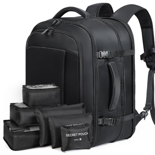 Lekespring Erweiterbar Große Rucksack Handgepäck für Damen Herren, 17.3 Zoll Laptop Rucksack Reiserucksack mit 6 Teilige Kleidertaschen-Packing Cubes für Urlaub Business Arbeit, Schwarz-Erweiterbar