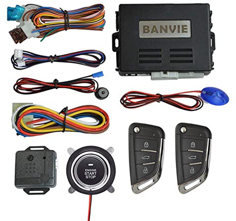 BANVIE Car Alarm System with Remote Starter and Engine Start Stop Push Button (Without Siren (Connect to car Horn))