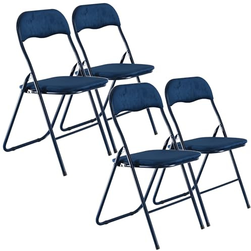 URBNLIVING Set of 4 x Folding Dining Office Multi Purpose Industrial Padded Chairs Heavy Duty Premium Quality Metal Frame, PVC, Velvet, Ribcord, Cushioned Seats (Blue Velvet)