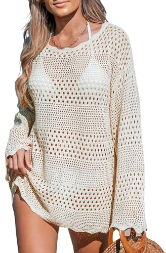 CUPSHE Women's Swimsuit Cover Up Bathing Suit Crochet Summer Swimwear Knit Pullover Beach Dress Off-White L