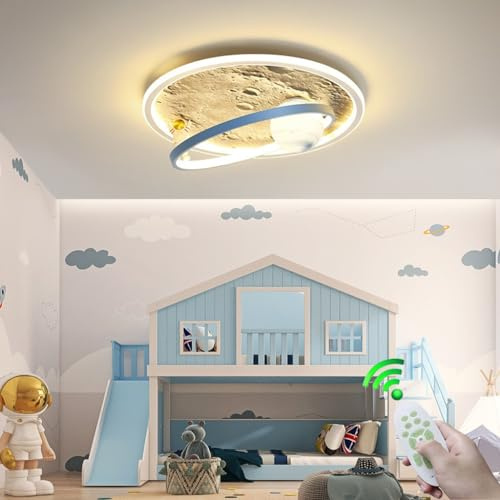 RuiRfh Deckenlampe Modern LED Kreativ Dimmbar Kinderzimmer Glas Mond Lampenschirm Astronaut Design Deckenleuchte mit Fernbedienung Jungen- und Mädchenzimmerlampe Esszimmer Wohnzimmer Metallbeleuchtung