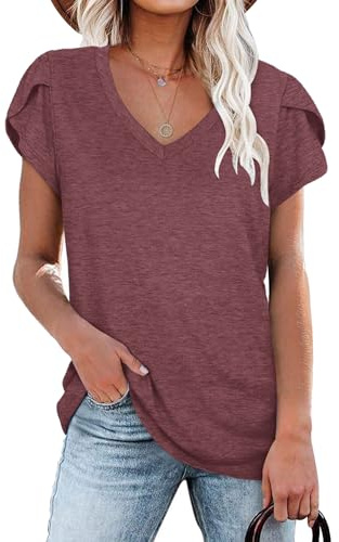NARRAME T-Shirt da Donna con Scollo a V e Maniche a Petalo, Top Estivo per Il Tempo Libero, Maniche Corte, da Spiaggia S-3XL 34-56
