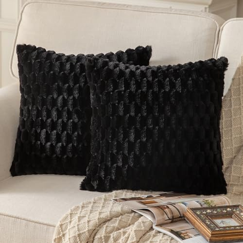 Mandioo 2er Set Schwarz superweichen dekorative Plüsch Kissenbezug Kissenbezüge 55 x 55 cm Wollsamt Dekokissenbezüge Kissenhülle Sofakissen Dekokissen flauschig für Couch Sofa Bett Wohnzimmer