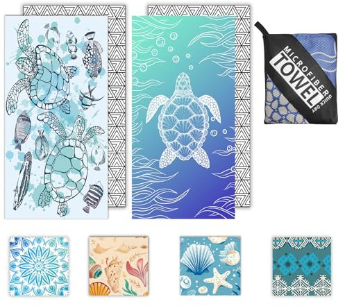Microfibre Beach Towels for Adults - 2 Pack 180x100cm Lightweight Beach Towel Extra Large, Sand Free & Quick Dry Beach Towel Extra Large for Travel, Swim, Sports(Double Turtle)