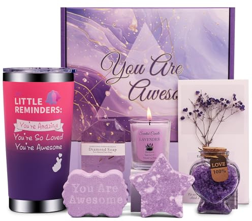 Birthday Gifts for Women,Insulated Tumbler with Lid for Hot & Cold Drinks-Relaxing Spa Bath Set for Her,Bath Bombs Soap Bath Salts Candle Present-Self Care Package for Mum, Wife, Sister (Lavender)