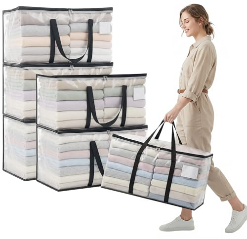 Clothes Bags Storage, 90L Clear Storage Bags with Zipper & Handle & Tag Pocket, Foldable Moving Bags for Wardrobe, Bedding, House Moving, Travelling (6 Pack, 70x36x35cm)