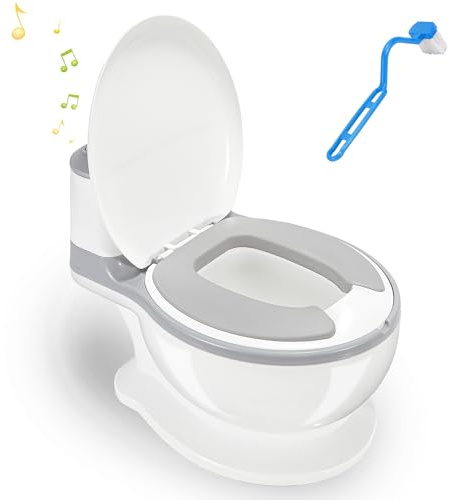 Jaxguom Orinal infantil con sonido de enjuague, con sonido realista, asiento de poliuretano suave y práctico cepillo de limpieza, incluye pilas (gris-blanco)