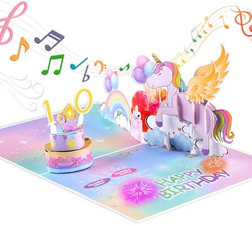 Einhorn Musikalische Geburtstagskarte – 3D Geburtstagskarten mit LED-Feuerwerks-Ausblaskerzenkuchen, mit Umschlag & Grußkarte, Pop Up karte geburtstag geschenke für Frauen, Mama, Mädchen, freundin