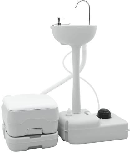 vidaXL Set di Toilette per Il Campeggio 2 PCS Grigio e Bianco, Giardino e terrazza, Set WC Portatile Moderno, comodità per Camping, igiene Outdoor, Must-Have Estivo