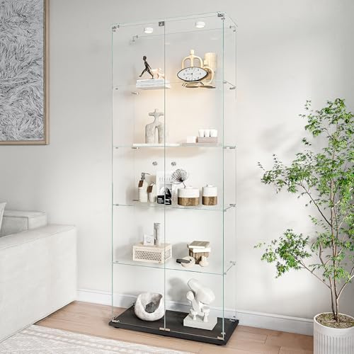 Liuyoyo Vitrine en verre avec éclairage LED, 5 étagères et deux portes debout, vitrine moderne en verre debout noir pour salon, chambre à coucher, bureau (noir A, 2 portes, 5 couches LED)