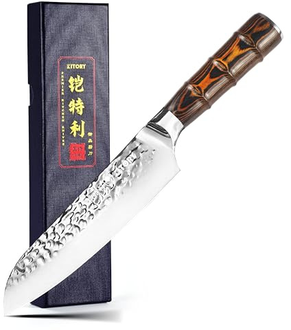 Kitory Santoku-kniv 18 cm – Japansk kökknivsstil, hamrad yta, ultraslipat blad av högkvalitativ tysk rostfri stål, bambusformad trähandtag – För hem och restauranger