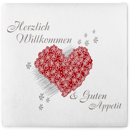 Sovie HORECA Airlaid Serviette „Herzlich Willkommen & Guten Appetit“, 40 x 40 cm, 50 Stück – Bordeauxfarbenes Herzdesign mit Blumen & herzlichem Gruß für Gastronomie & Events
