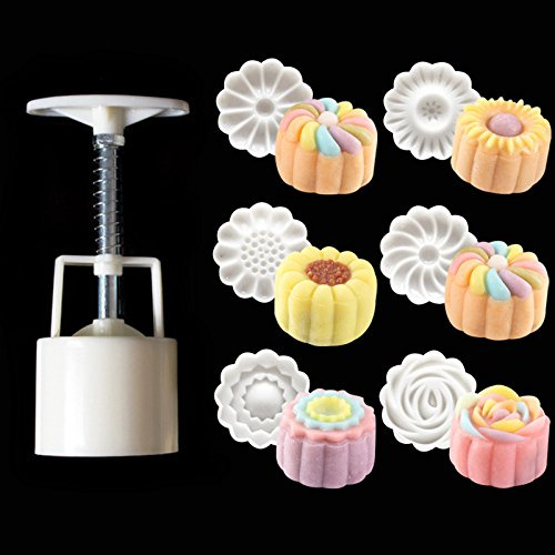 TanQiang 50g 3D Rose Flowers Mooncake Mold 1 Barrel 6 Stamps Set Hand Pressure Fondant Moon Cake Mould DIY Baking Accessories