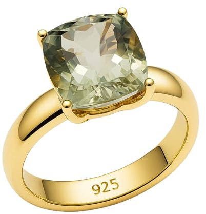 Bague en argent sterling plaqué or améthyste verte - Bijou Élégant Femme - Sertissage Coussin Raffiné - pour Mode Chic, Fête, et Occasions Spéciales (US Size 6 / Diameter 16.5)