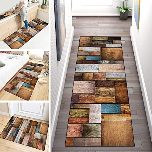 Teppich Läufer Küchenläufer Bunt 3D Holzkornmuster Brown rutschfest Korridor Teppichläufer, Modern Geometrisch Waschbar Läufer für Wohnzimmer Schlafzimmer, Breite 60cm/ 70cm/ 80cm/ 90cm/ 100cm