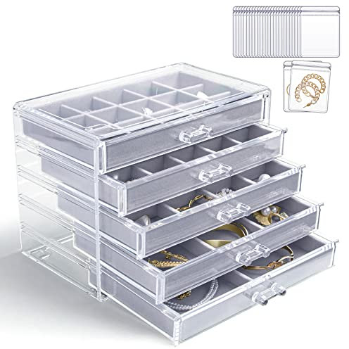 KAMIER Acryl Schmuckkästchen für Damen,Schmuckschatulle mit 5 Schubladen,Schmuckaufbewahrung mit 20 teiliges Transparentes Schmuckbeutel Set, für Ohrringe,Ringe,Halsketten,Armbänder,Vitrine, Grau