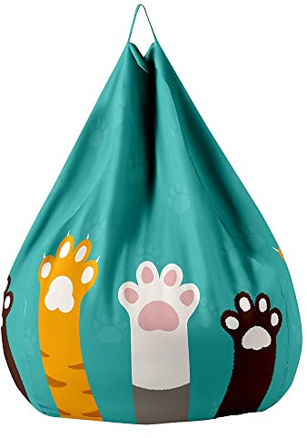 Treer Fodera per Pouf a Sacco, Senza Imbottitura, Poltrona a Sacco per Interni ed Esterni, con Simpatico Motivo a Gattino, Fodera per Pouf a Pera per Adulti e Bambini (100x120cm,Verde)