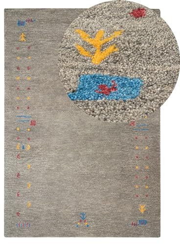 Beliani Gabbeh Teppich grau aus Wolle 140x200 cm Hochflor mit Muster weich handgetuftet Seymen