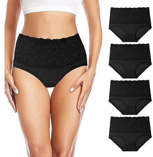 Aomig Ladies High Waist Knickers, 4Pcs Full Back Coverage Panties Multipack, Comfort Fit Underwear with Lace, Women Full Briefs Stretchy Soft Panties Tummy Control Pants