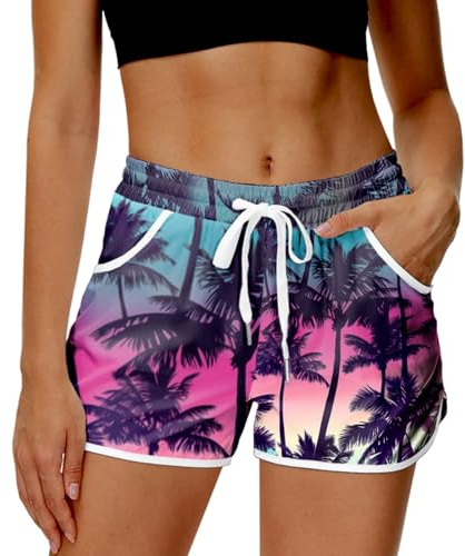 Deerose Hawaiian Board Shorts for Women Swim Quick-Drying Fabric Tropical Swimwear Coconut Tree Shorts M