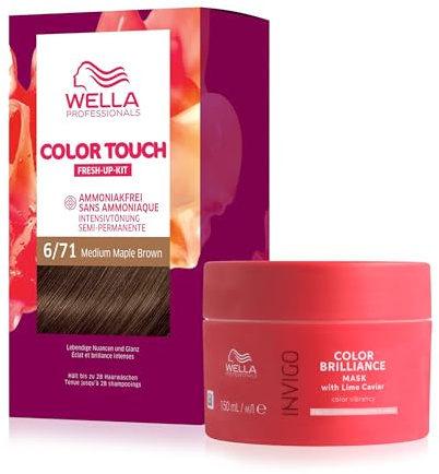 Vorteils-Set für gefärbtes Haar: demi-permanente Haarfarbe ohne Ammoniak in 6/71 Medium Maple Brown (130 ml) & Color Brilliance farbschützende Haarmaske für feines Haar mit Vitamin E (150 ml)