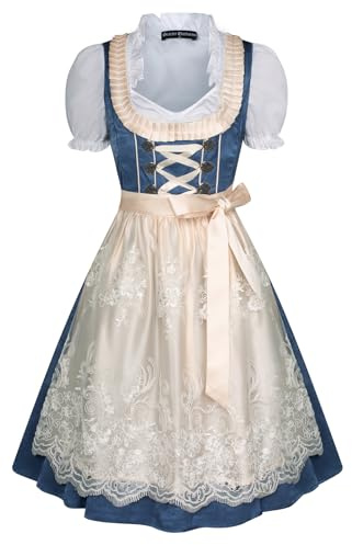 SCARLET DARKNESS Vestito Dirndl da donna, 3 pezzi, abito in raso, top con volant e grembiule in pizzo, midi Dirndl Oktoberfest, Pizzo Blu Scuro e Bianco, S