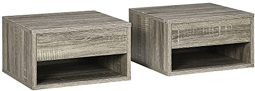 HOMCOM Set of Two Floating Bedside Tables - Grey Wood Effect