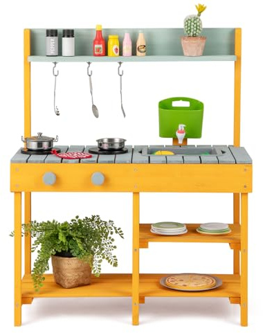 DREAMADE Cuisine Enfant, Cuisine de Boue en Bois pour Extérieur avec Plaque de Cuisson, Évier Amovible, Bac d'eau et Robinet, étagères de Rangement (Orange)