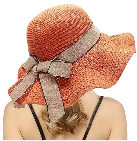 Generisch Sommerhut Damen, Strohhut Damen Faltbar Sonnenhut Elegant Damenhut Outdoor Sommer Strandhut Urlaub Atmungsaktiv Sommerhut Breiter Krempe Sonnenschutz Rot
