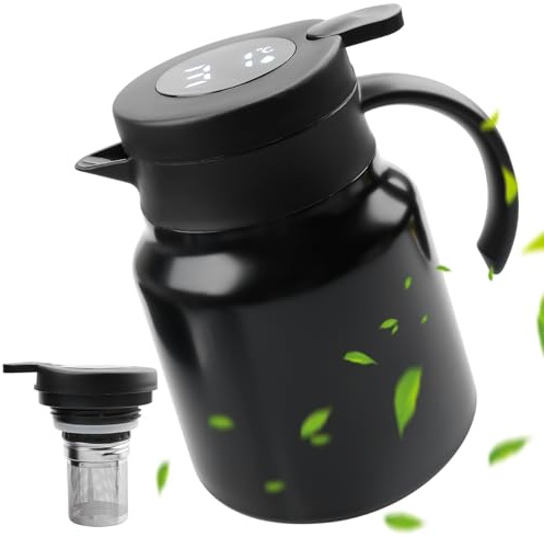 Behogan 1 l termos med tesil, vakuumkanna med temperaturdisplay, temperaturvisning, termos i rostfritt stål, smart termoskanna, 1000 ml med tesil för hem och kontor, svart