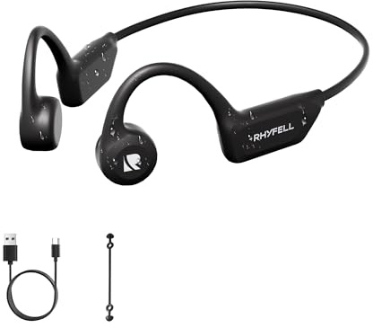 Rhyfell Casque Conduction Osseuse Sport Bluetooth 6.0, 8h Autonomie, 28g Ultra-Léger, Recharge Type-C, Idéal pour Course, Cyclisme, Fitness et Plein Air, Noir Ecouteurs de Course