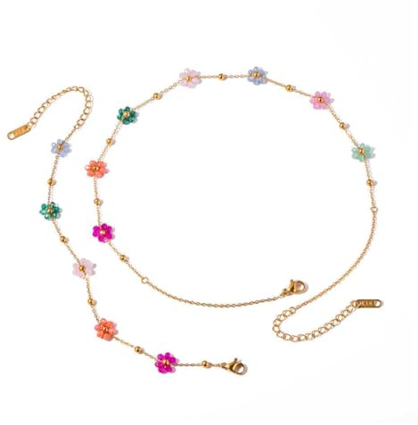 YUPZAR 2 Pezzi Collana perline colorate, Collana Con Margherite Per Ragazze con Bracciale, Piccoli Fiori Colorati, Placcata In Oro 18 Carati, Collana Oro Donna, Regali Di Compleanno Per Donne