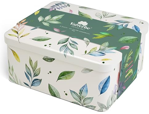 Valverbe - TISANE DEL BENESSERE Scatola Regalo in Latta finemente decorata - 8 gusti assortiti - 64 filtri - Ai frutti, Zenzero, Curcuma Liquirizia, Basamiche, Detox, Camomilla