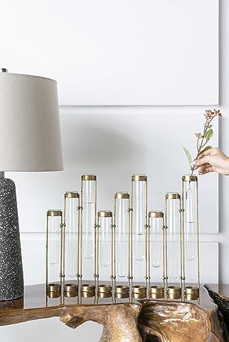 Modern Glass Test Tube Vase Set, 9 Piece Decorative Flower Bud Vases with Brass Metal Stand, Clear Glass and Bronze Finish, Contemporary Home Decor