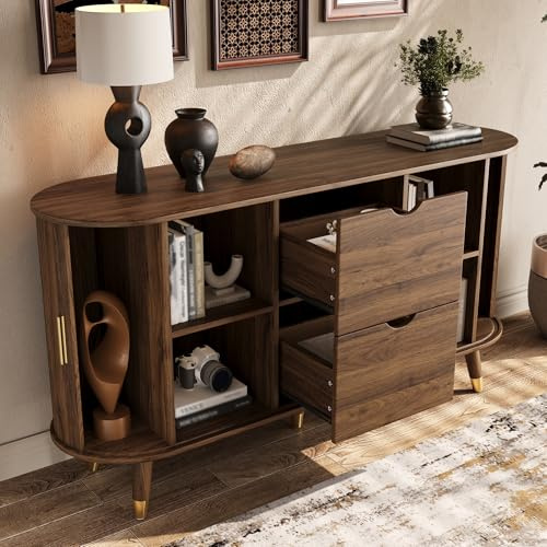 Kelodan Credenza con venature verticali, due ante scorrevoli, due cassetti, gambe in legno massello e mobile ad angolo arrotondato per il soggiorno