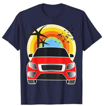 Fahrt zum Strand in rotem Auto mit Vögeln, Bäume, Auto Grafik T-Shirt