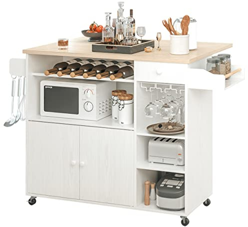 IRONCK Rolling Kitchen Island Cart with Drop-Leaf and Wine Rack, Microwave Rack Serving Cart on Wheels with Drawer & Shelves & Spice Rack & Cup Hanging, White