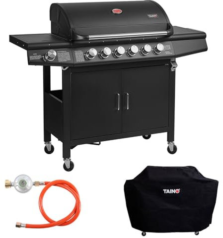 TAINO RED 6+1 Gasgrill Set Grillwagen BBQ Edelstahl-Brenner Griller 6 Brenner Seitenkocher