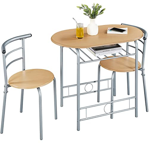 Yaheetech Esszimmerstühle, Essgruppe für 2 Personen, Tischgruppe mit Holzbein, 1 Esszimmer mit Ablagefach und 2 Küchenstühl mit Rückenlehne, 90 x 53 x 73,5 cm Holzfarbe