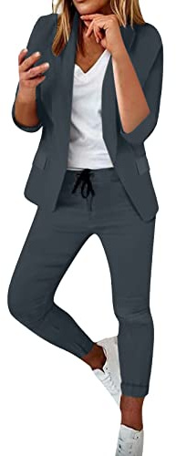 Tailleur Femme 2 Pièces Elegant Slim Fit Blazer Veste Bureau Formel Travail Pantalon Costumes Revers Manteau Ensemble