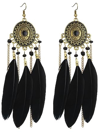 fdsmall Faux Feder Ohrringe für Frauen - Böhmische Fransen Quaste Lange Tropfen Dangle Ohrringe Vintage Schmuck Zubehör (schwarz)