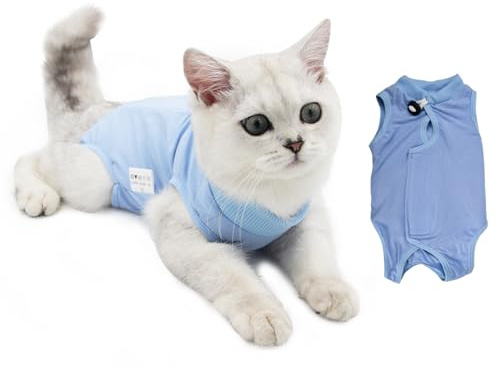 Cat Professional Recovery Suit, Pet Surgery Suit, Kitten Breathable Clothes, Cone E-Collar Alternative Bodysuit, Cat Onesie Anti Licking Vest Shirt for Abdominal Wounds Skin Diseases (M, blue)
