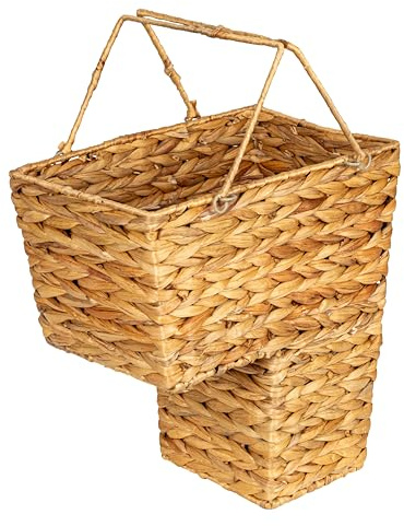 Household Essentials Wicker Stair Basket with Handles, Handwoven Water Hyacinth, Sits on Two Stairs, Lightweight, Natural