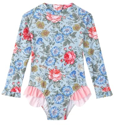 Toddler Bathing Suit Girl Zipper Rash Guard Swimwear Long Sleeve Ruffle Swimsuits with UPF 50+ Sun Protection 4t 5t Swimsuit Girl Pink Flower