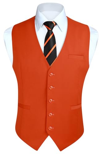 Enlision väst för män formella enkla västar bröllop enfärgad smoking väst affärskostym väst med fickor XS-4XL, Orange, XXL