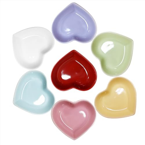 Yuauy 7 Colors Heart Shaped Porcelain Soy Sauce Dish 1.65 oz Ceramic Dip Snack Dipping Bowls for Dinner Baking BBQ and Cooking One for Each Color Total 7 pcs