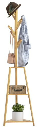 HOMCOM Portemanteau sur pieds en bois bambou, portant à vêtements, 8 patères, 3 étagères, vestiaire, 46 x 46 x 175 cm, meuble d'entrée pour vêtements, chapeaux, entrée, naturel