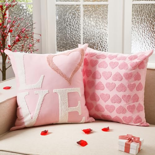 FuWeave Set of 2 Valentine's Day Love Heart Throw Pillow Cover 18 x 18 Inches Valentines Embroidery Throw Pillow Covers Soft Red Pink White Decorative Cushion Covers for Sofa Couch Bed