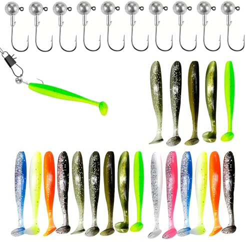 Gummifisch mit Jigköpfen 10 ca. 3.5g Bleikopfhaken 20 T-Schwanz künstlicher Gummifisch Angelköder Angelausrüstung Gummiköder-Angelset Gummifisch-Set Gummifisch